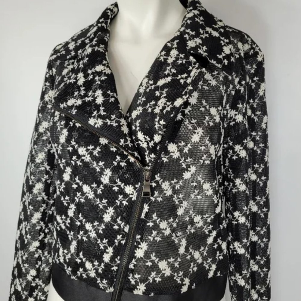 ❤️SB BY SACHIN & BABI Sheer Floral Embroidery Black White Moto Jacket Size Small